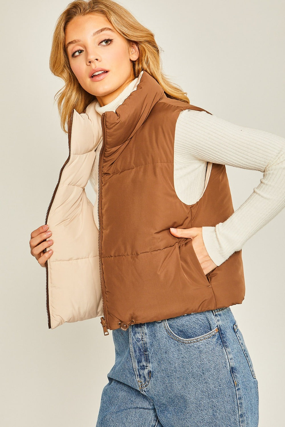 Women's Khaki Brown Zip Up Cropped Contrast Reversible Vest