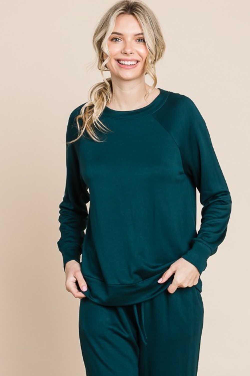 Green Lady Round Neck Raglan Sleeve Top and Drawstring Pants Lounge Set