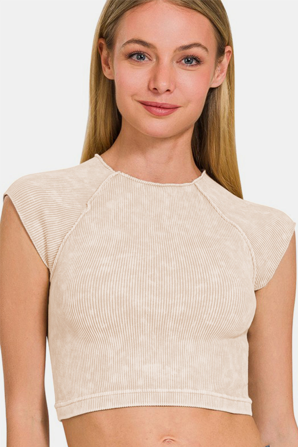 Women's Vanilla Beige Ribbed Round Neck Short Sleeve Crop Top