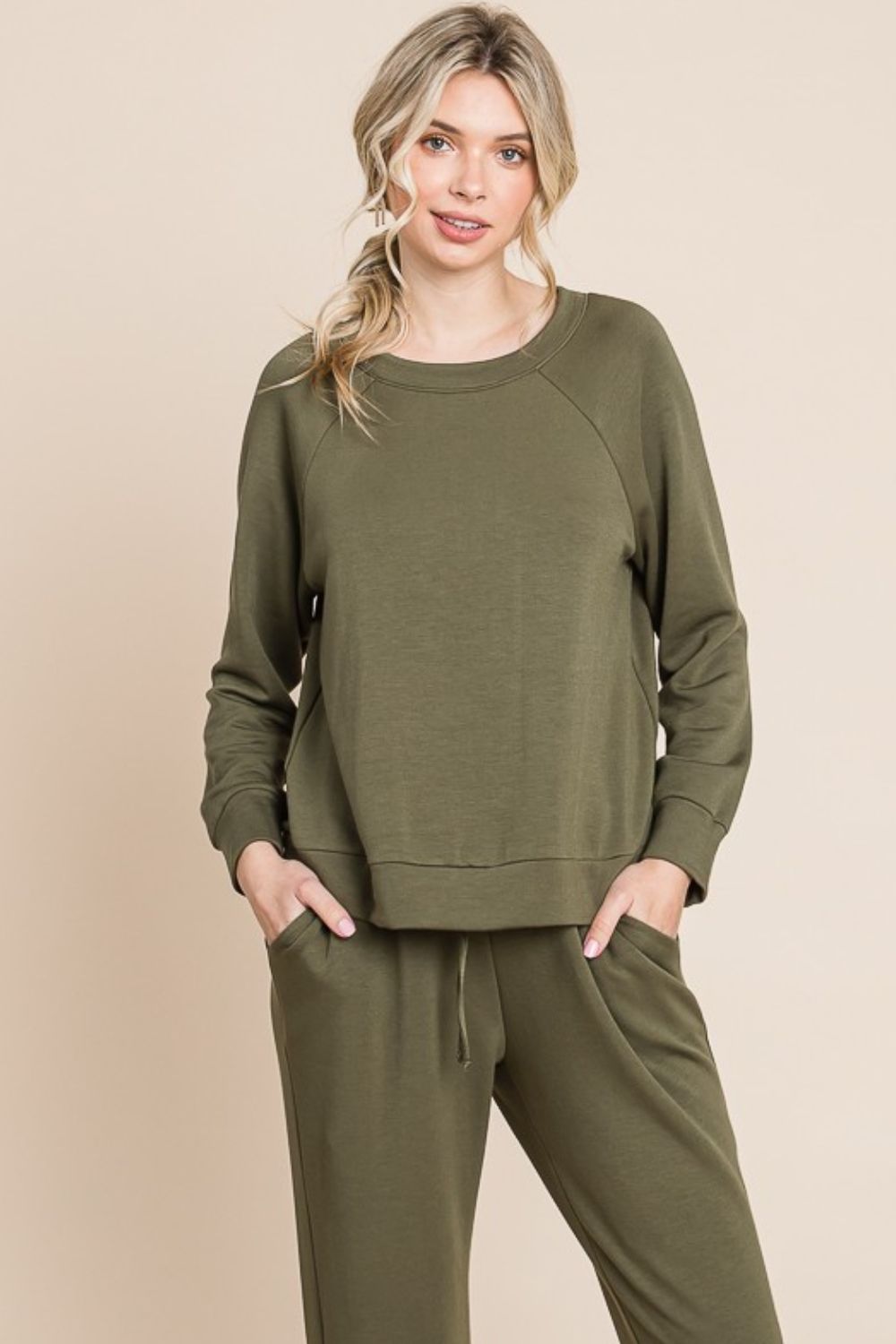 Olive Lady Round Neck Raglan Sleeve Top and Pants Lounge Set