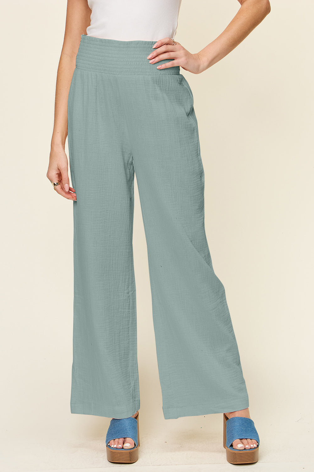 Women's Smocked Cotton High Waist Pants