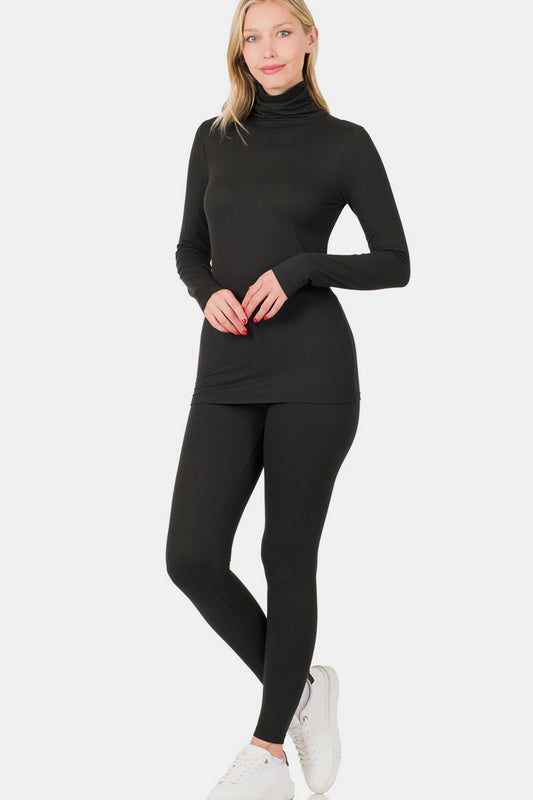 Women's Black Fitted Turtleneck Long Sleeve Top and Leggings Set