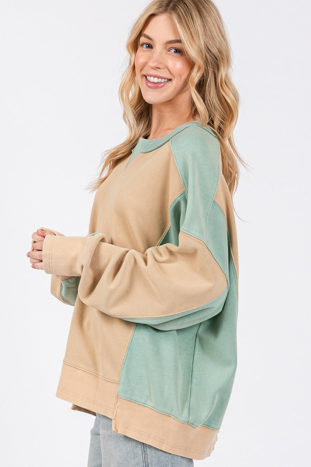 Women's Tan Mint Oversized Two Toned Sweater