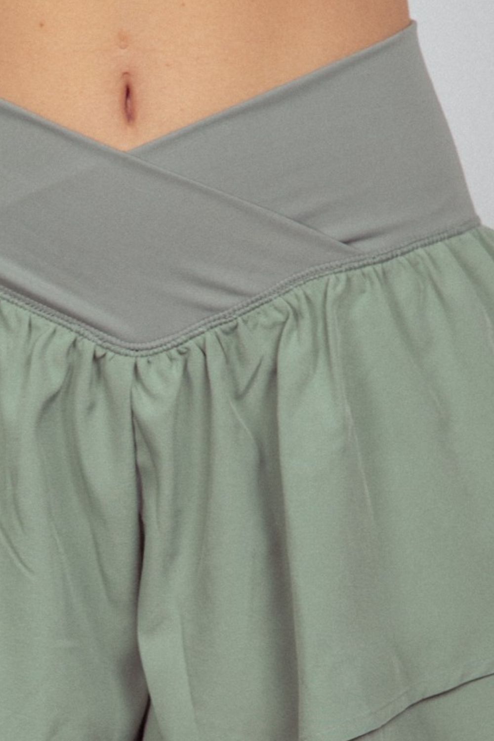 Womens Sage Green V-Shaped High Waist Layered Active Shorts