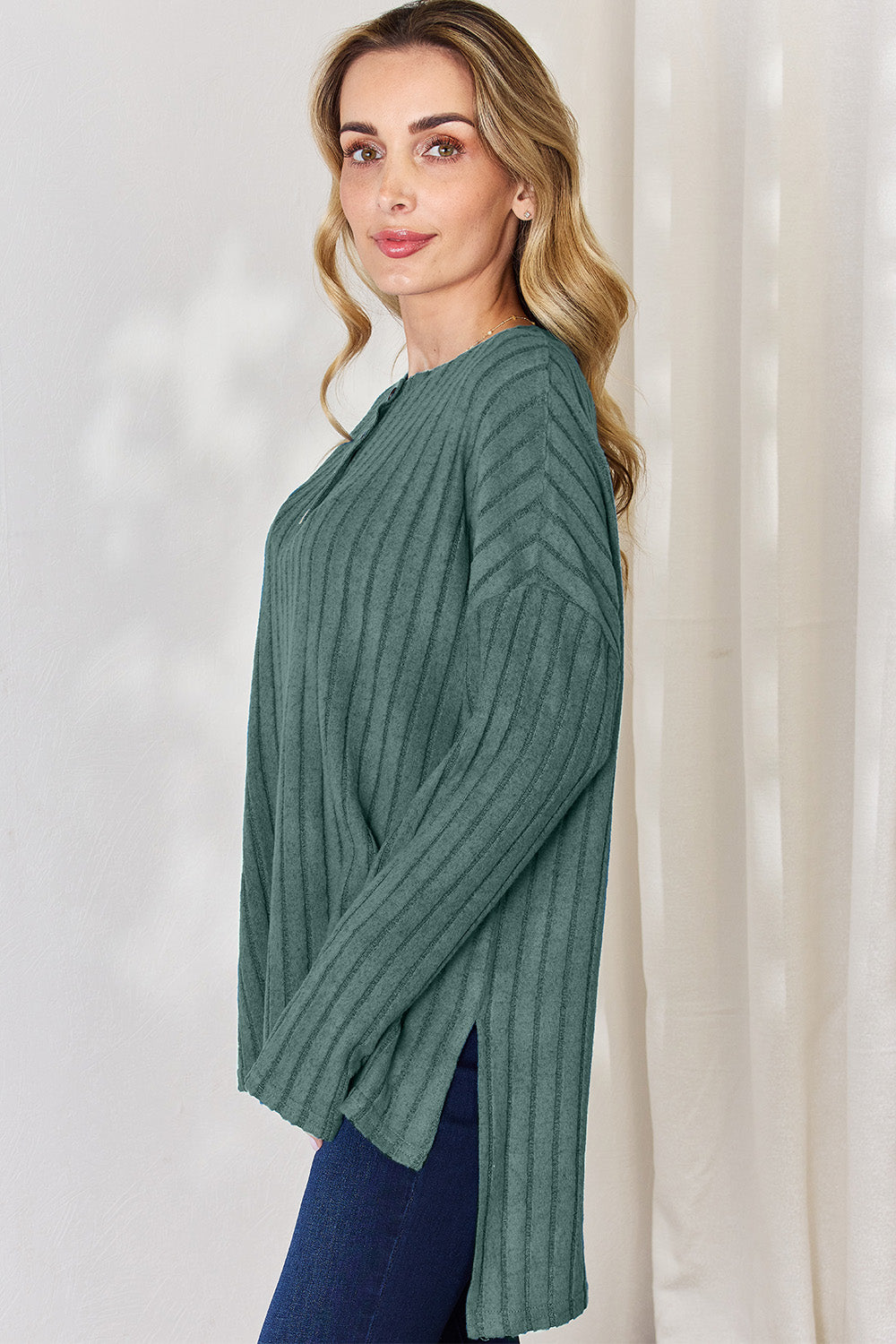 Country Morning Ribbed Button Long Sleeve High-Low T-Shirt