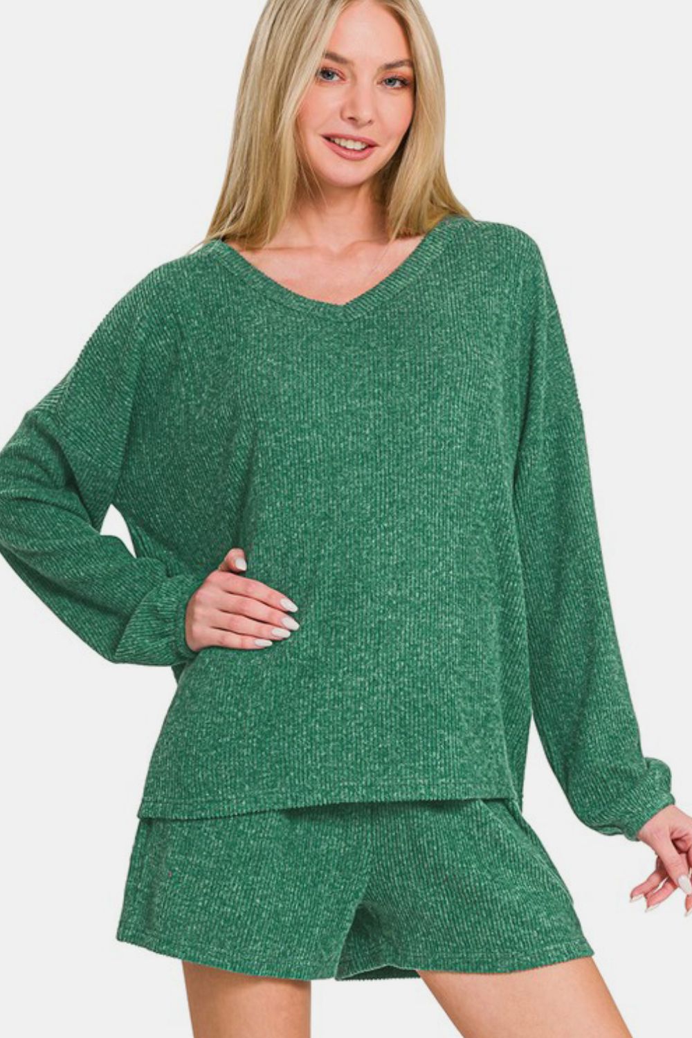 Womens Green V-Neck Long Sleeve Ribbed Top and Shorts Lounge Set