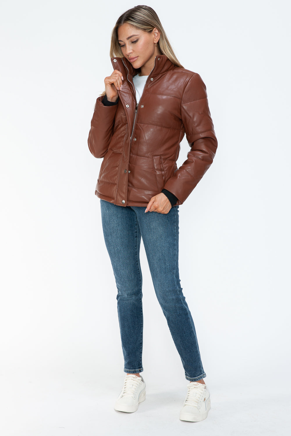 Women's Brown Pocketed Zip Up Turtleneck Puffer Jacket