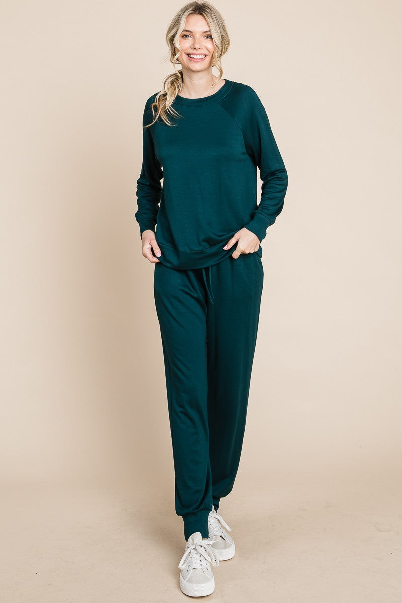 Green Lady Round Neck Raglan Sleeve Top and Drawstring Pants Lounge Set