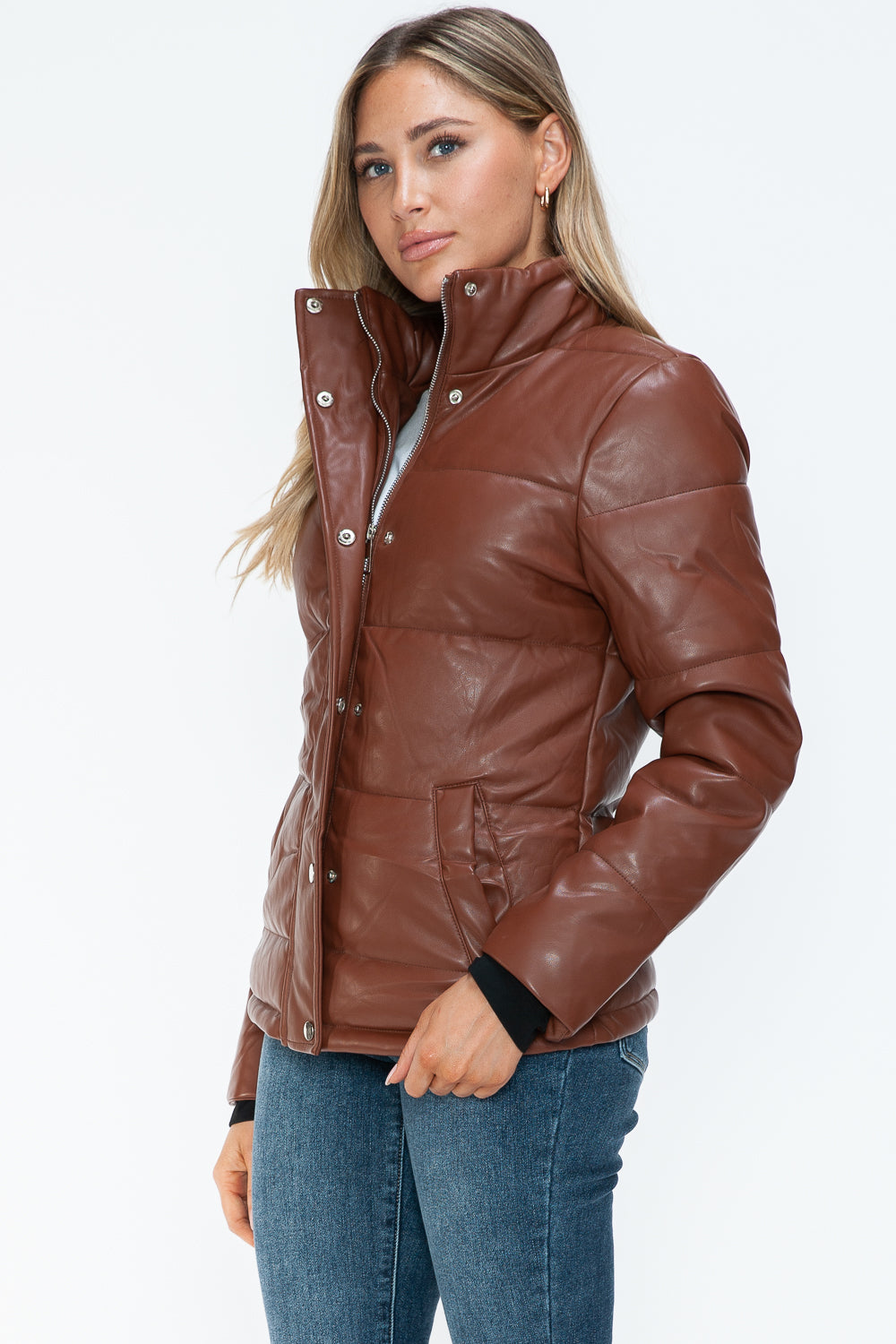 Women's Brown Pocketed Zip Up Turtleneck Puffer Jacket