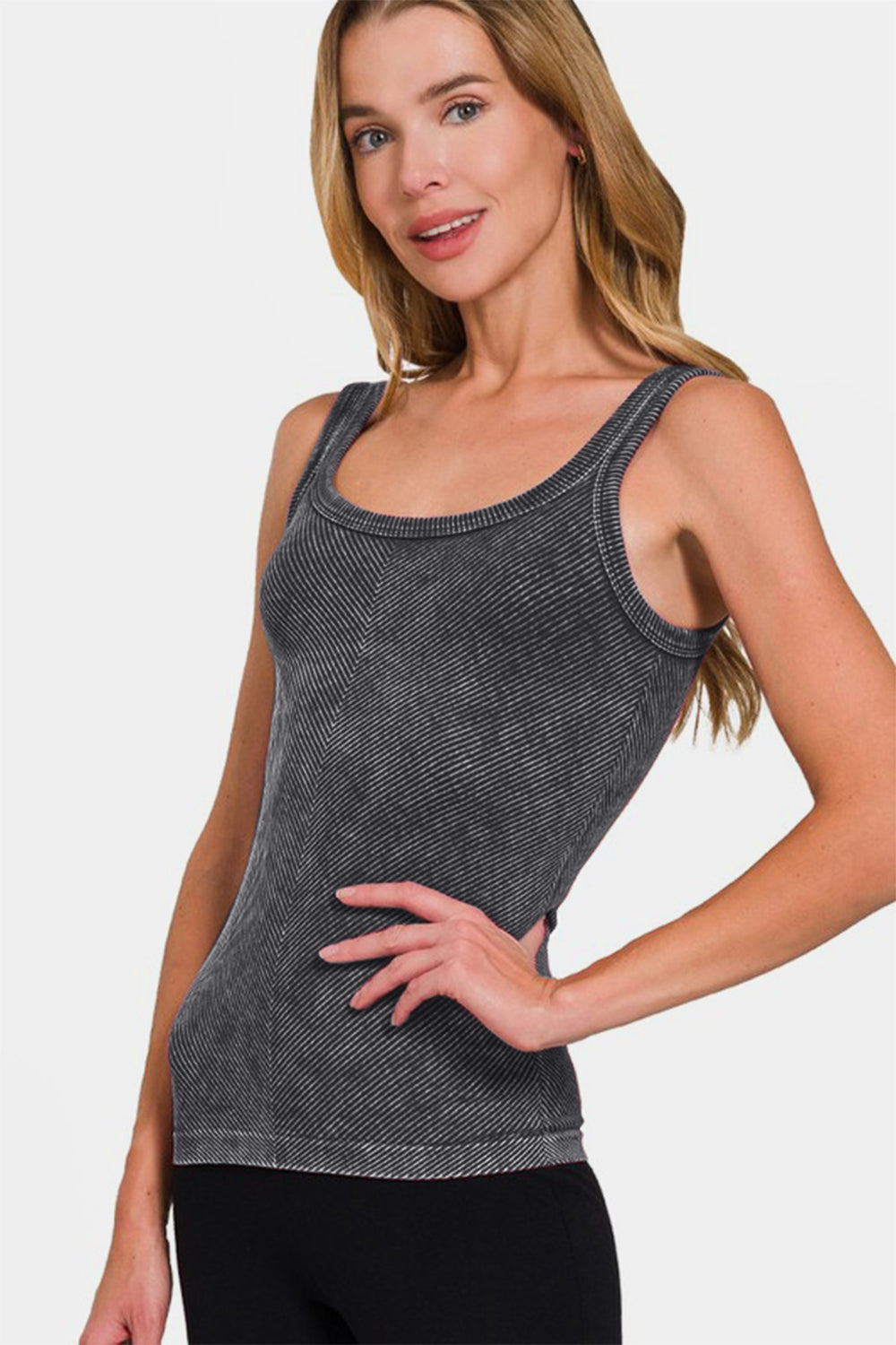 Women's Black Ribbed Chevron Low Scoop Tank Top