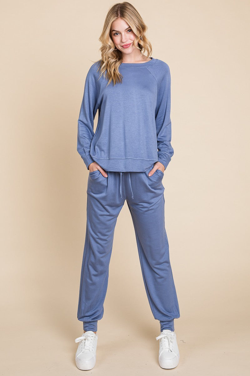 Blue Lady Round Neck Raglan Sleeve Top and Pants Lounge Set