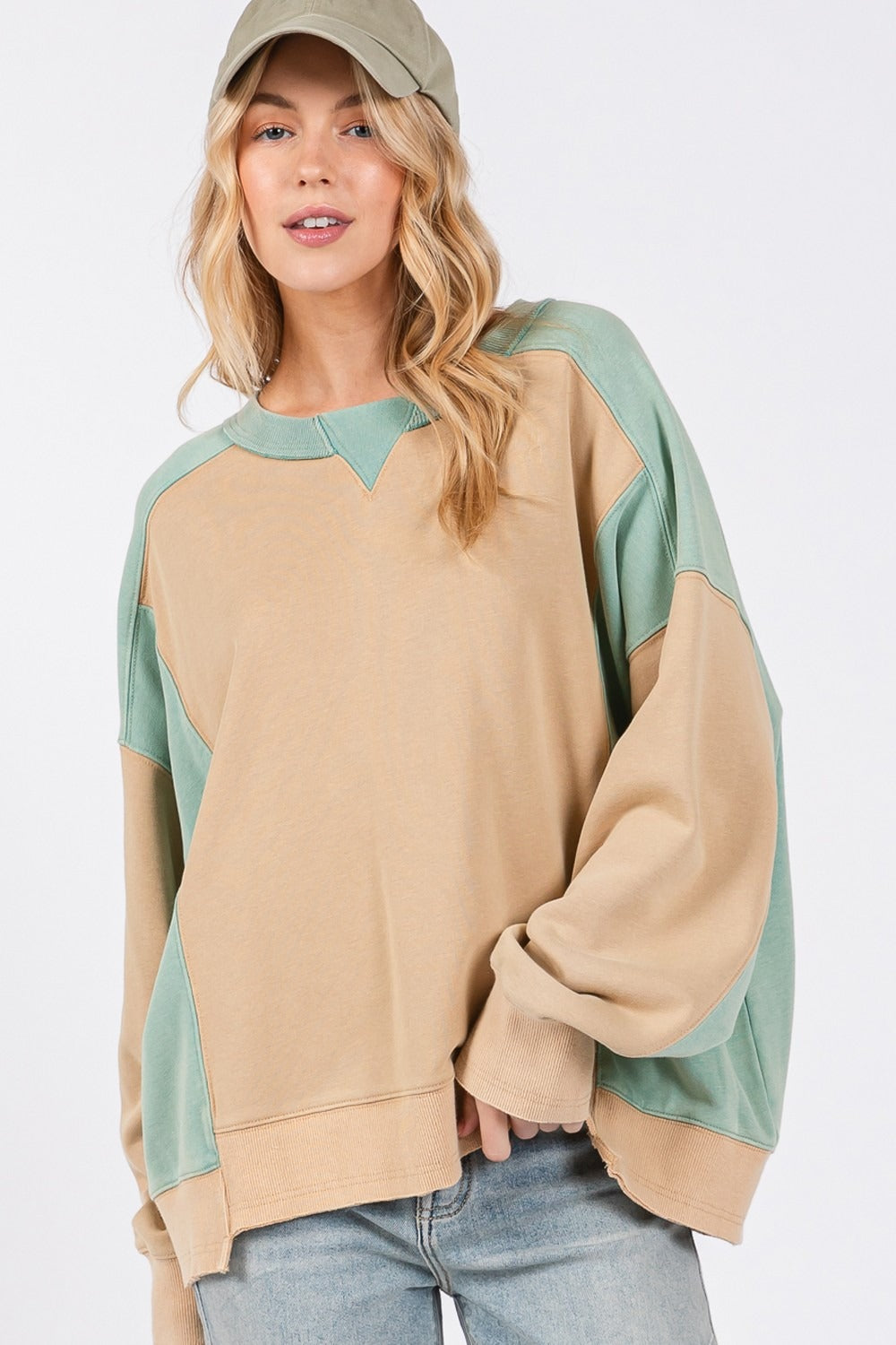 Women's Tan Mint Oversized Two Toned Sweater