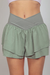 Womens Sage Green V-Shaped High Waist Layered Active Shorts