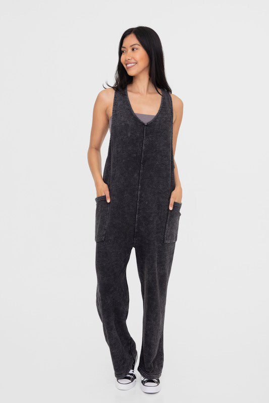 Women's Black Washed Onesie Cotton with Pockets