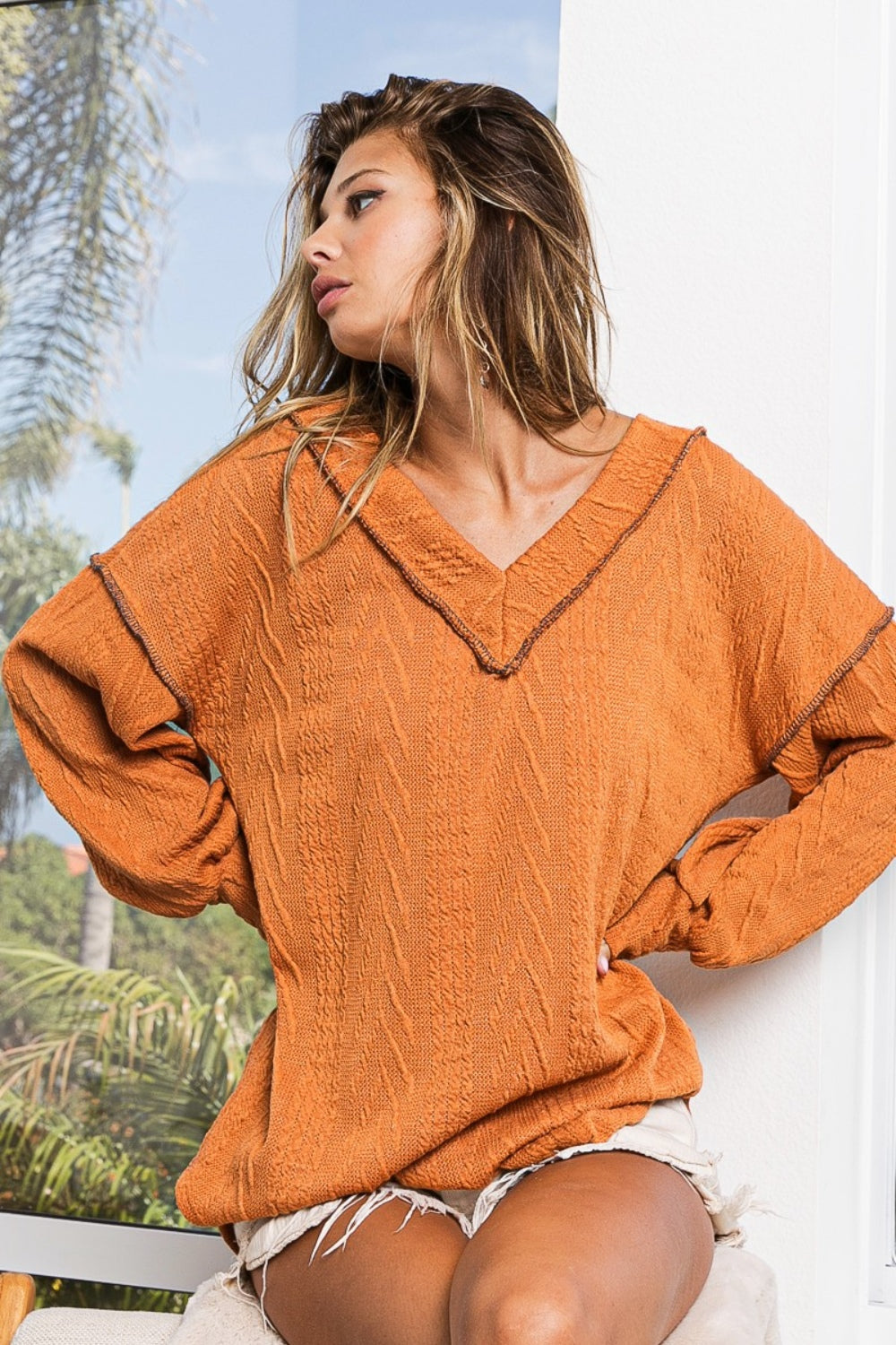 Women's Western Knit V-Neck Long Sleeve Top