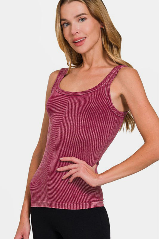 Women's Red Wine Ribbed Chevron Low Scoop Tank Top