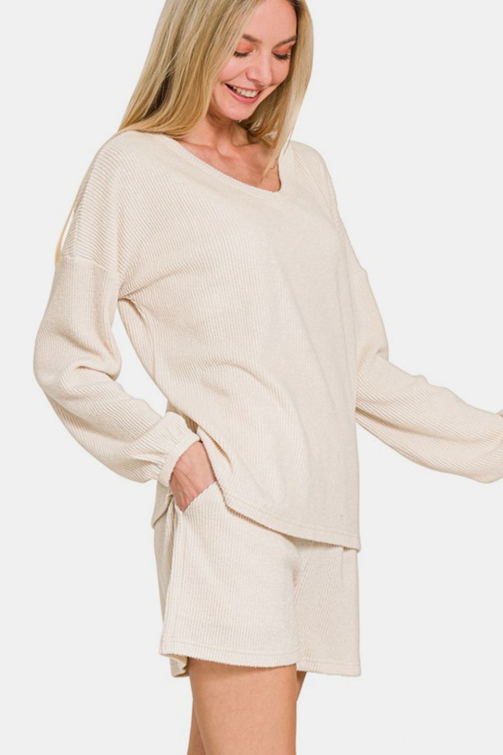 Womens Beige Cream V-Neck Long Sleeve and Shorts Lounge Set