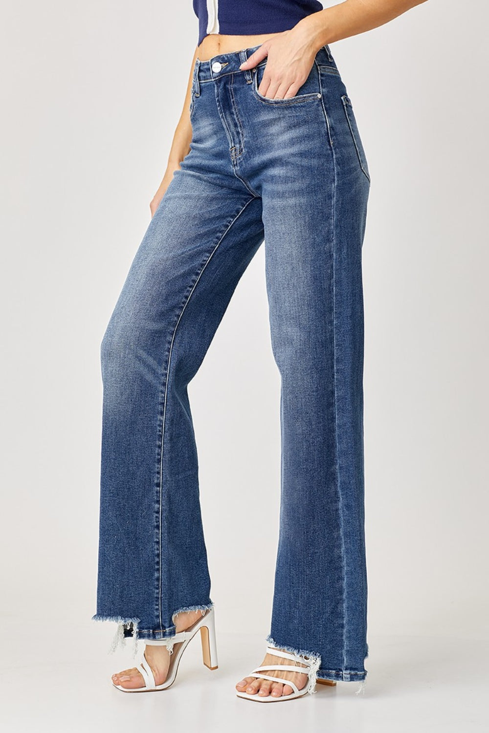 Women's Western High Rise Frayed Hem Wide Leg Jeans