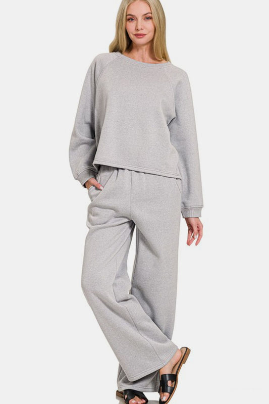 Women's Heather Grey Long Sleeve Top and Elastic Waist Pants Lounge Set