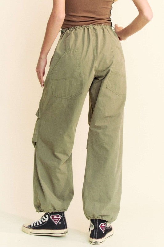 Women's Olive Green Cotton Drawstring Baggy Pants with Pockets