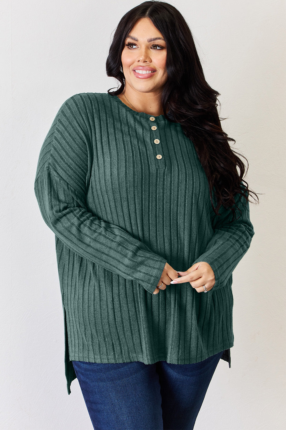 Country Morning Ribbed Button Long Sleeve High-Low T-Shirt