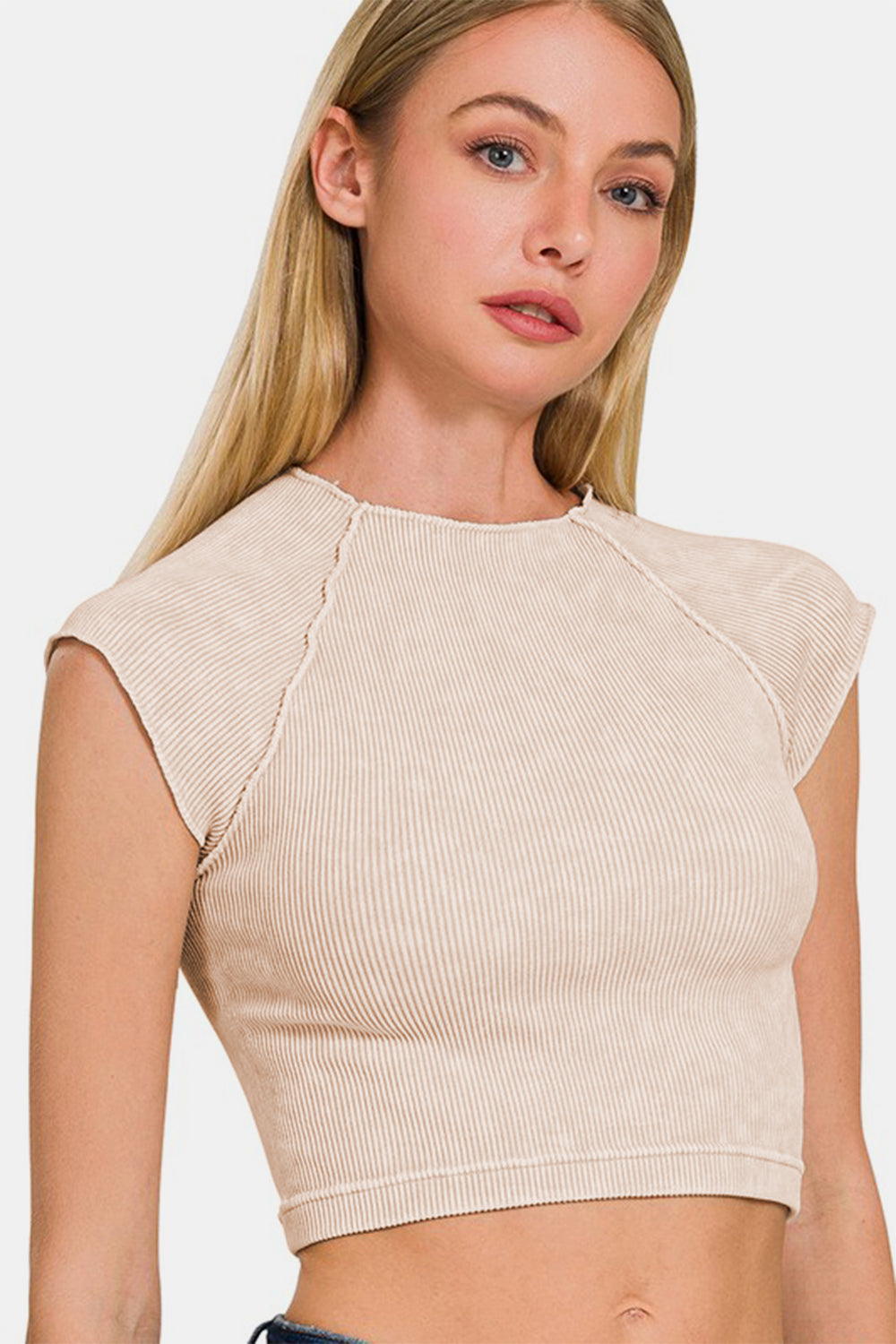 Women's Vanilla Beige Ribbed Round Neck Short Sleeve Crop Top