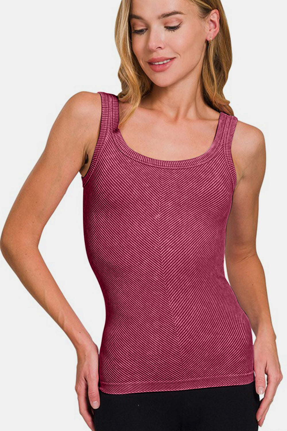 Women's Red Wine Ribbed Chevron Low Scoop Tank Top