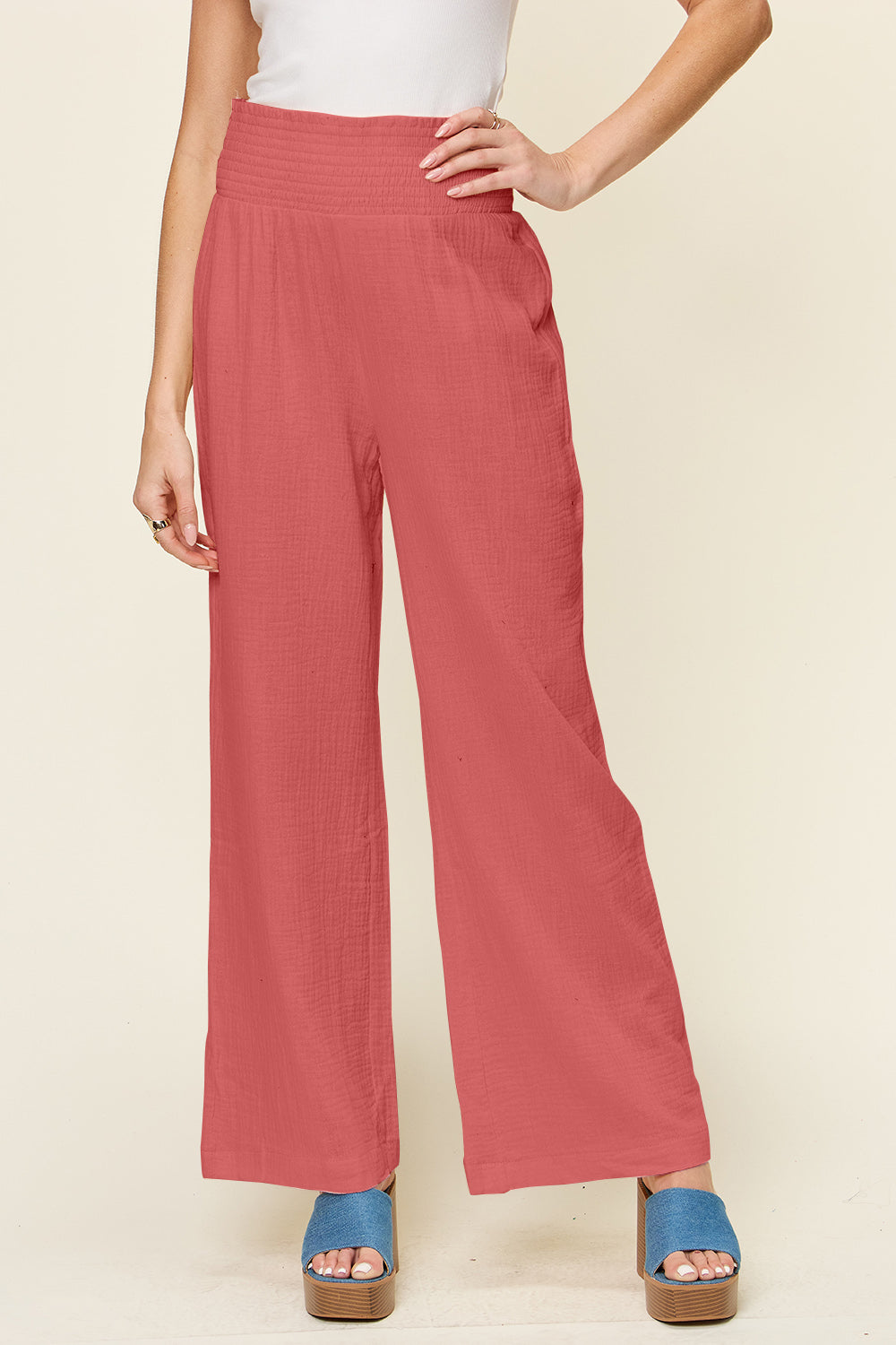 Women's Smocked Cotton High Waist Pants