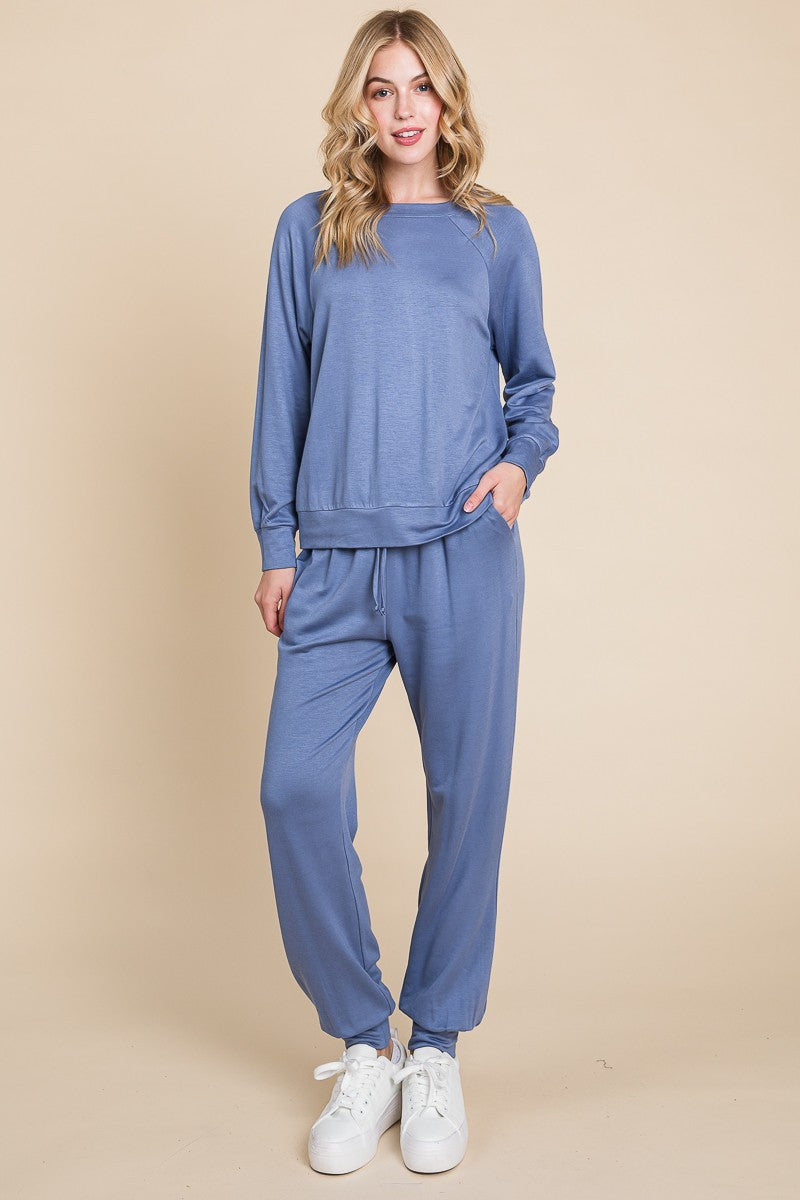 Blue Lady Round Neck Raglan Sleeve Top and Pants Lounge Set