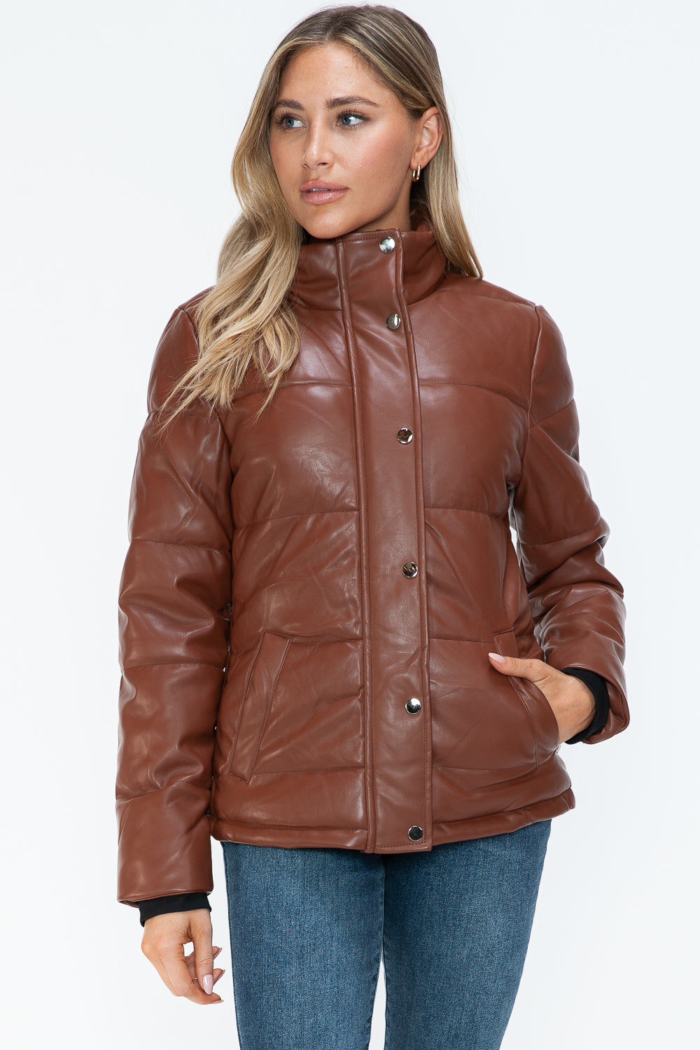 Women's Brown Pocketed Zip Up Turtleneck Puffer Jacket