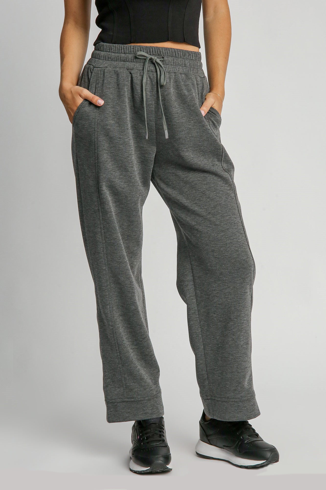 Women's Charcoal Gray Drawstring Wide Leg Sweatpants with Pockets