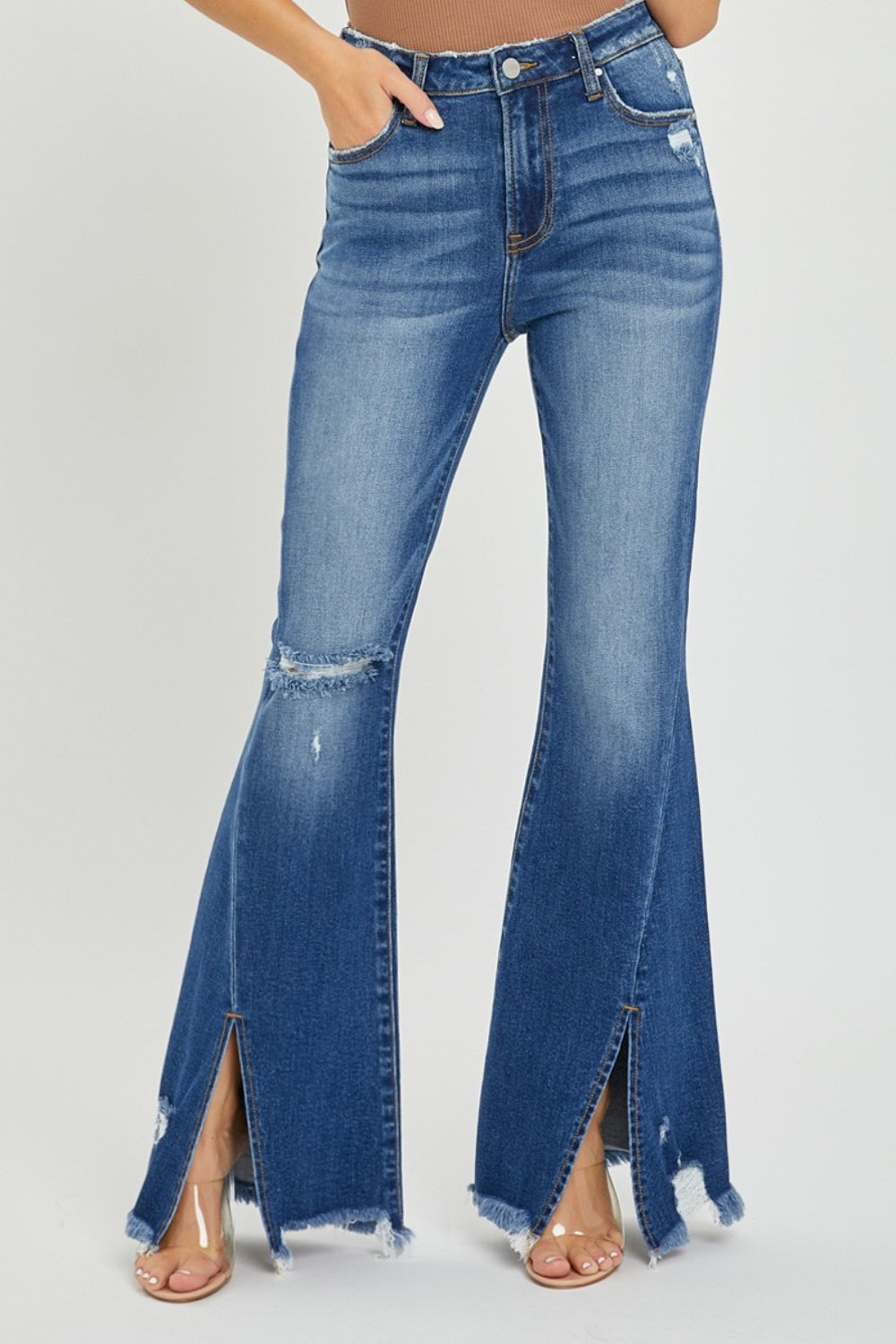 Women's Western High Waist Front Slit Frayed Flare Blue Jeans