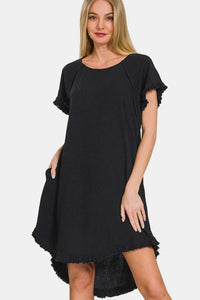 Black Fringe Hem High Low Flowy Dress with Pockets