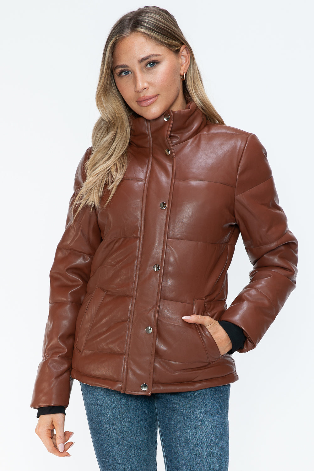 Women's Brown Pocketed Zip Up Turtleneck Puffer Jacket