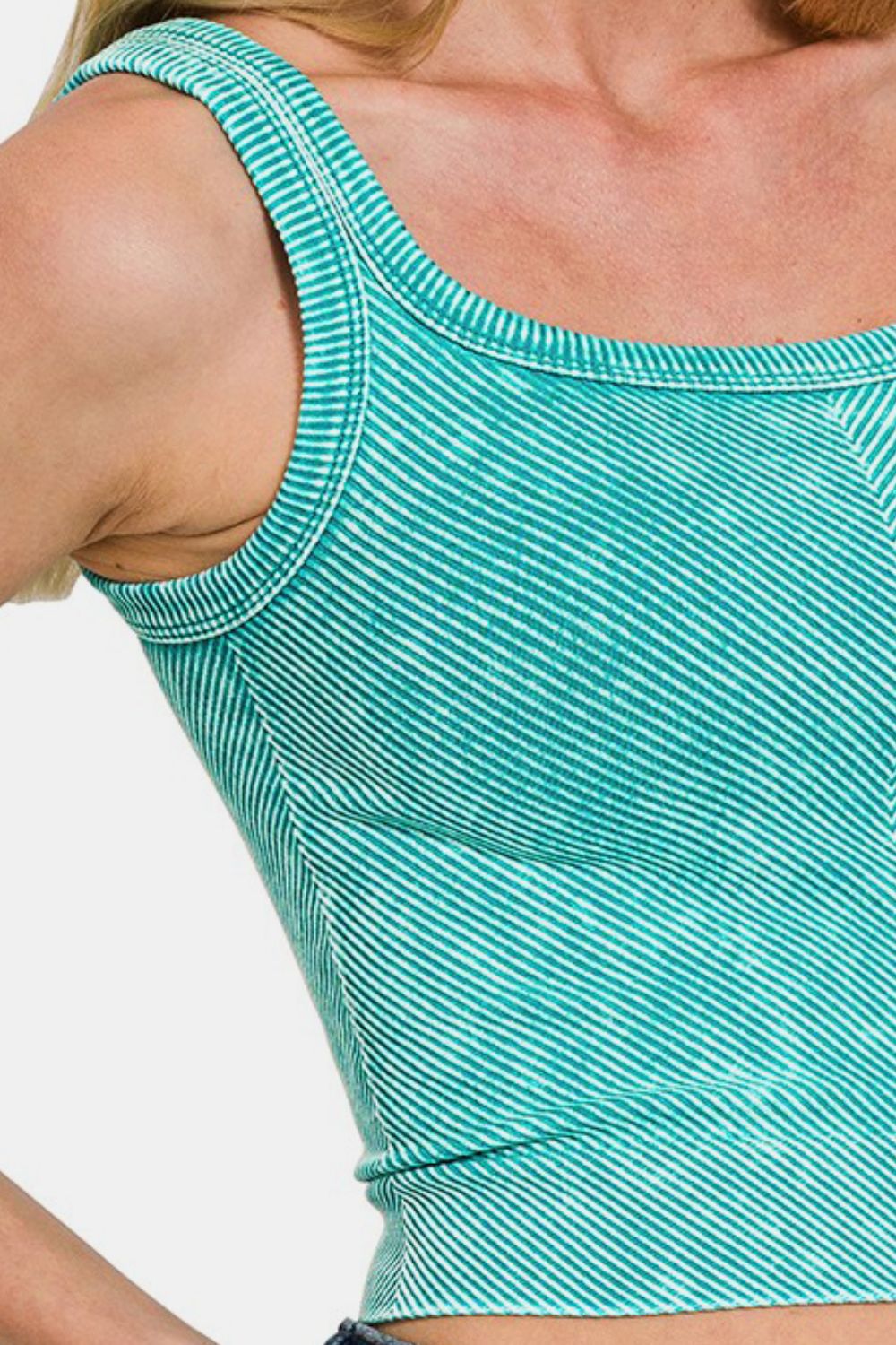 Women's Green Tea Green Ribbed Chevron Wide Neck Tank Top