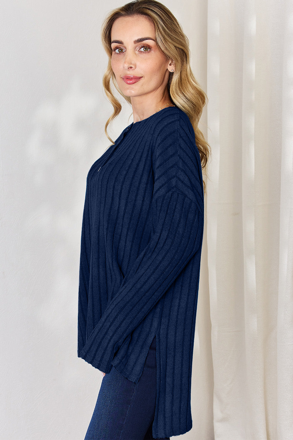 Country Morning Ribbed Button Long Sleeve High-Low T-Shirt