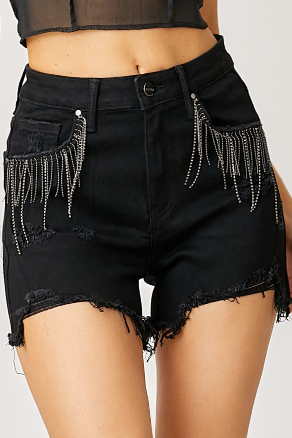 Women's Black Frayed Hem and Rhinestone Pockets Denim Shorts