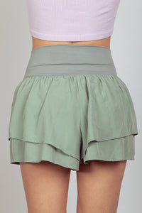 Womens Sage Green V-Shaped High Waist Layered Active Shorts