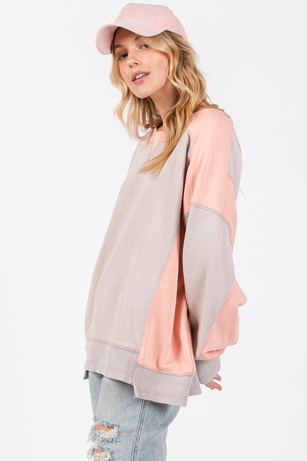 Women's Pink Grey Oversized Two Toned Sweater