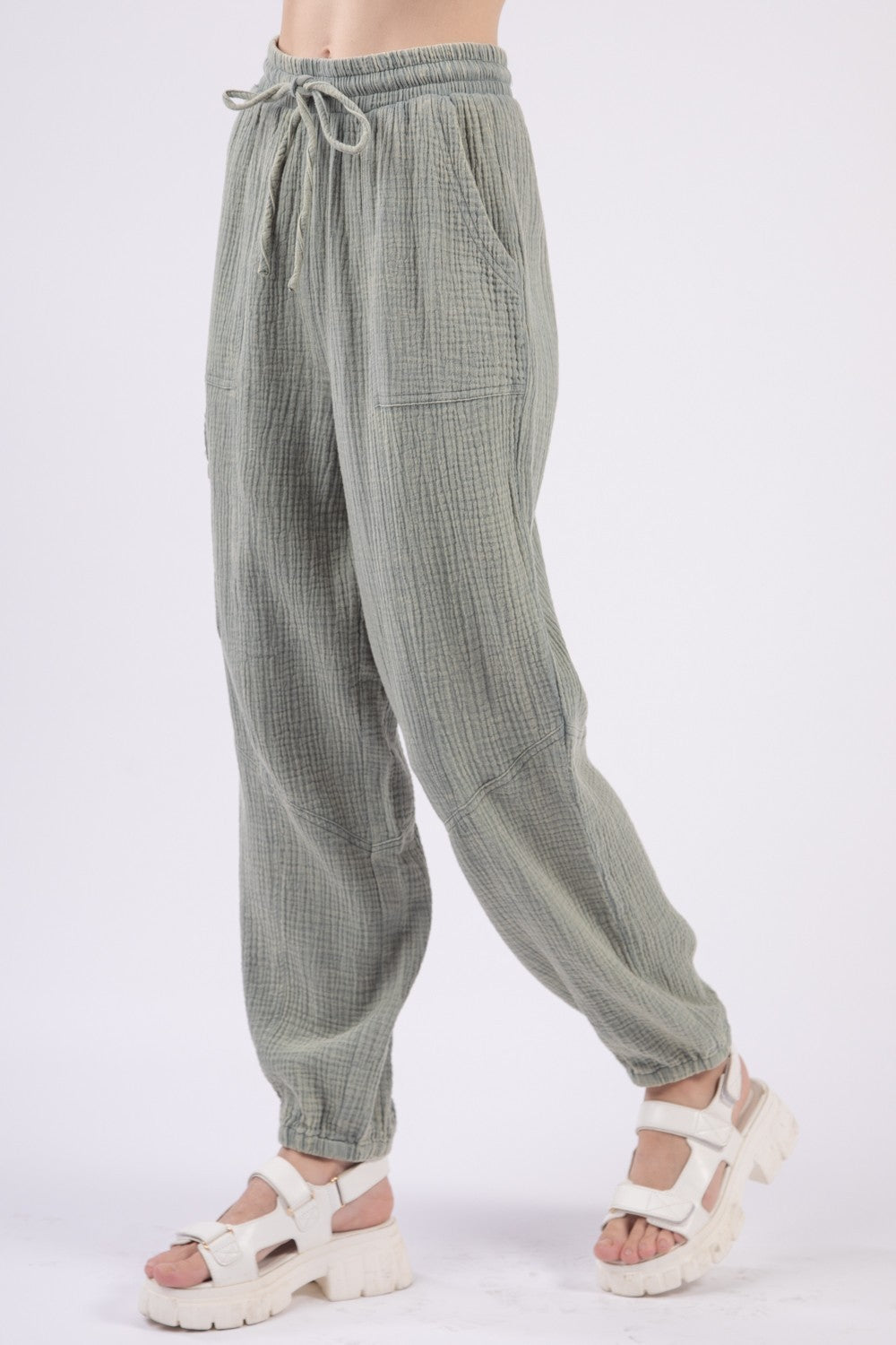 Women's Green Drawstring Jogger Pants Cotton