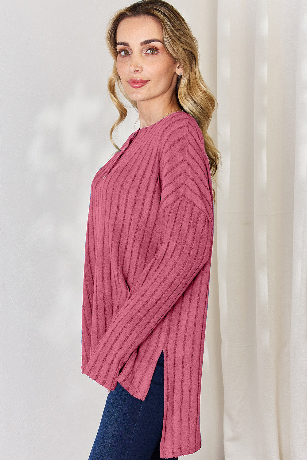 Country Morning Ribbed Button Long Sleeve High-Low T-Shirt