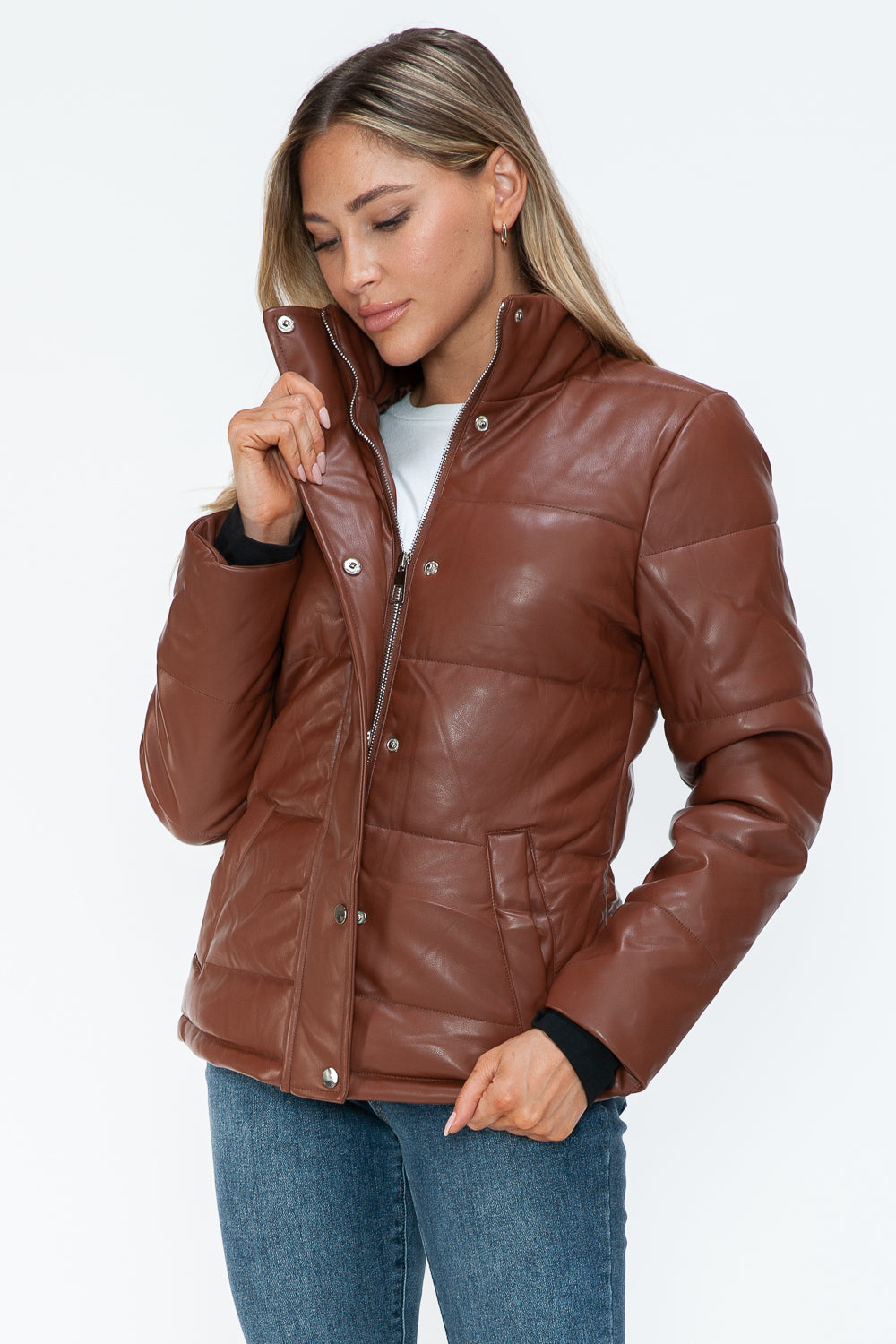 Women's Brown Pocketed Zip Up Turtleneck Puffer Jacket