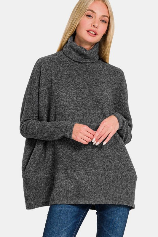 Women's Dark Gray Brushed Oversized Turtleneck Sweater