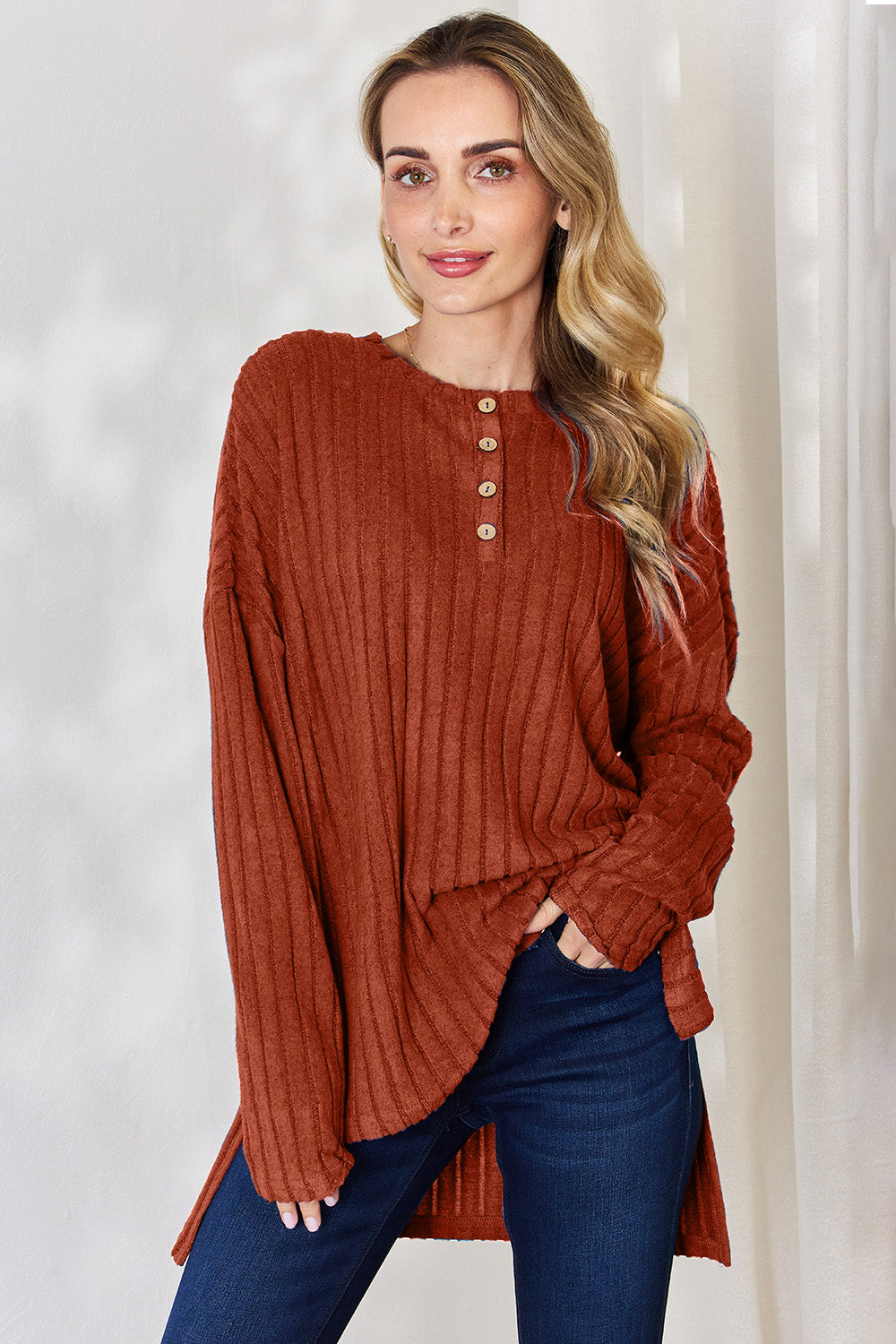 Country Morning Ribbed Button Long Sleeve High-Low T-Shirt