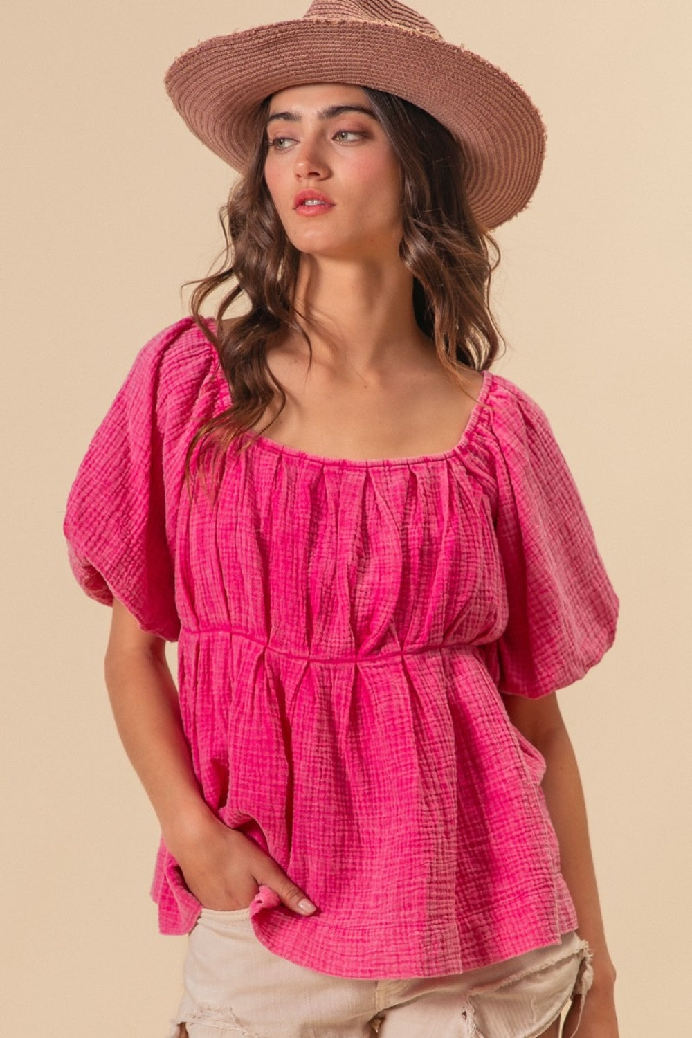 Women's Western Pink Washed Boutique Puff Sleeve Top