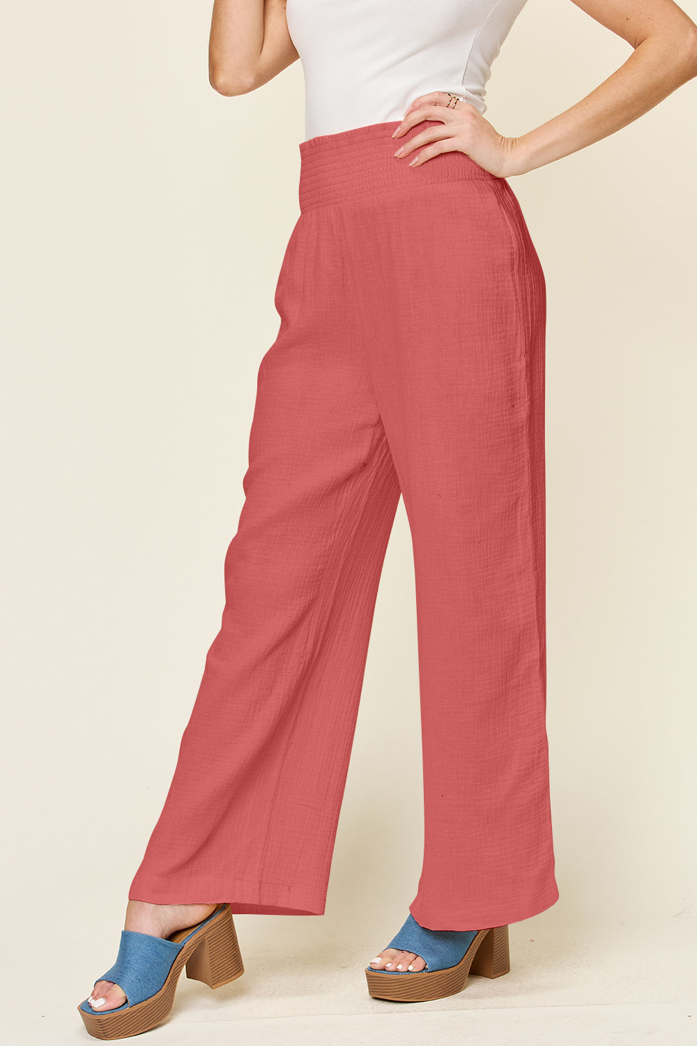 Women's Smocked Cotton High Waist Pants