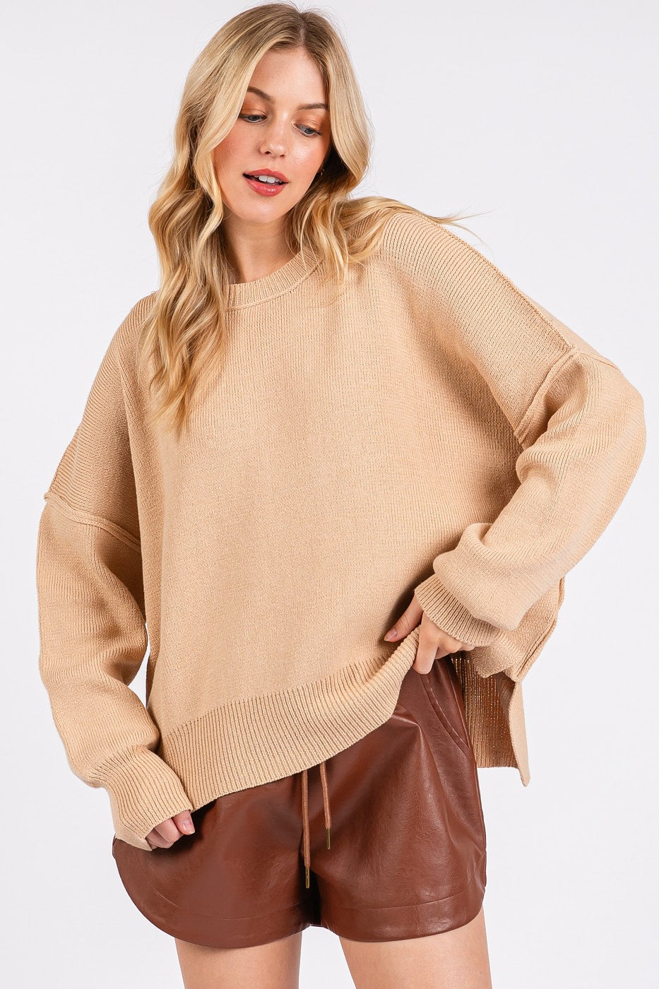 Women's Beige Oversized Knit Sweater