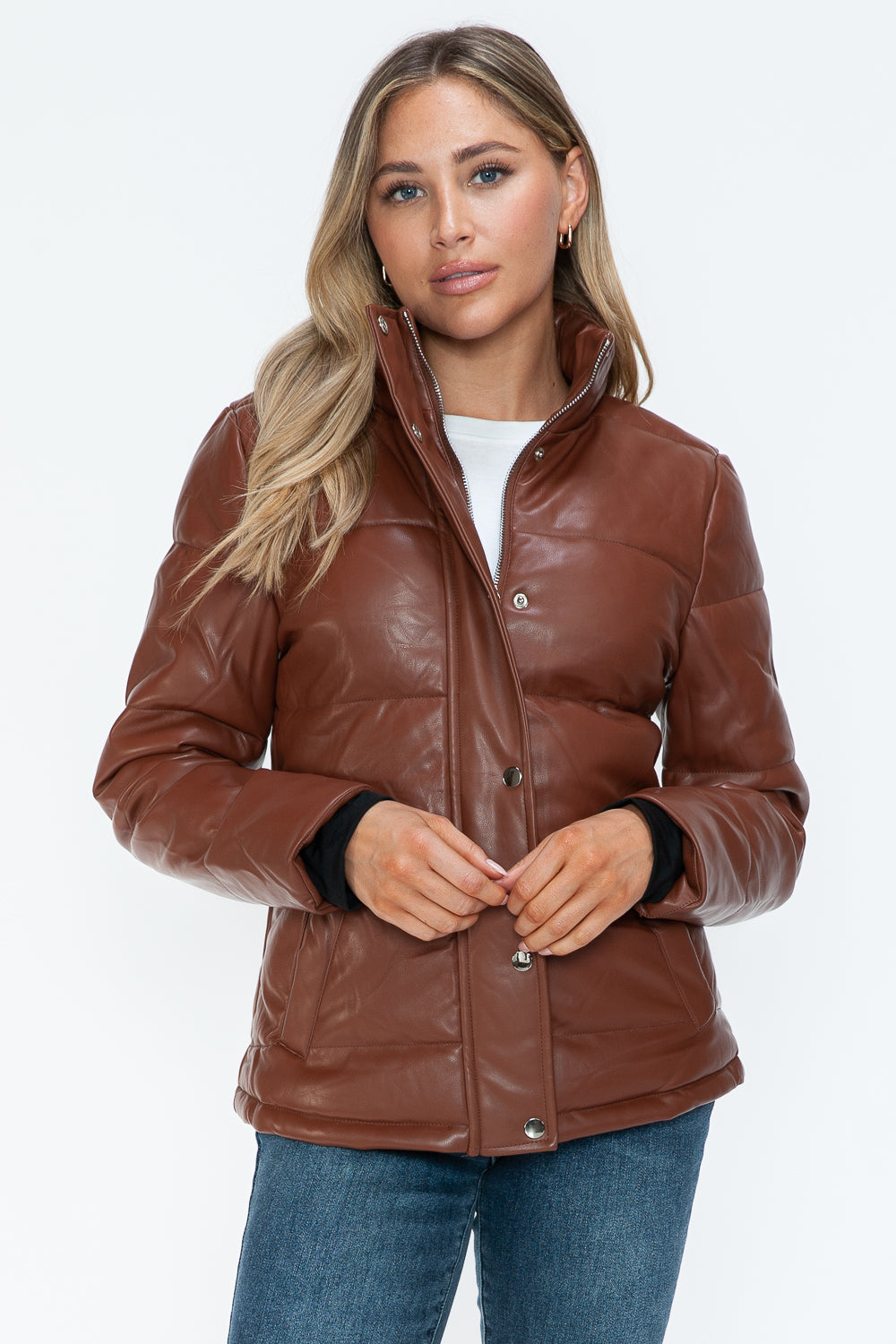 Women's Brown Pocketed Zip Up Turtleneck Puffer Jacket