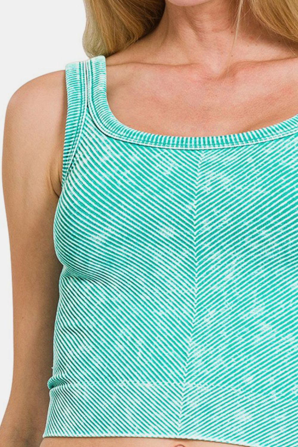 Women's Jade Green Ribbed Chevron Wide Neck Tank Top