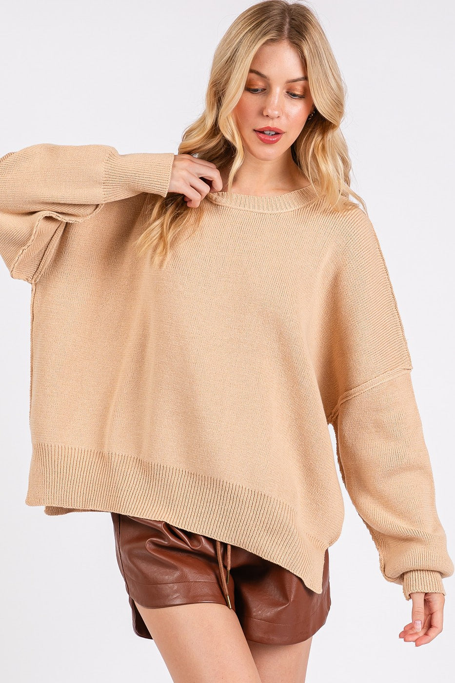 Women's Beige Oversized Knit Sweater